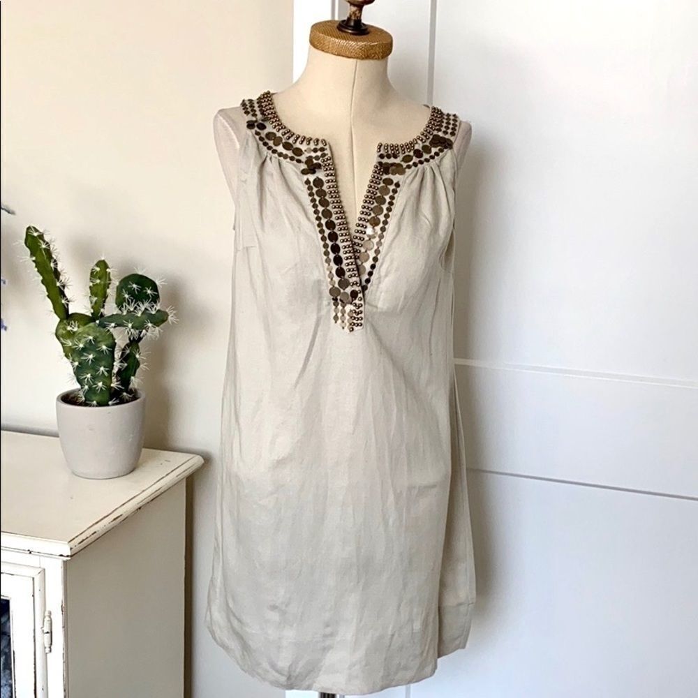 New York & Company V-Neck Embellished Linen Tunic Dress M Cream